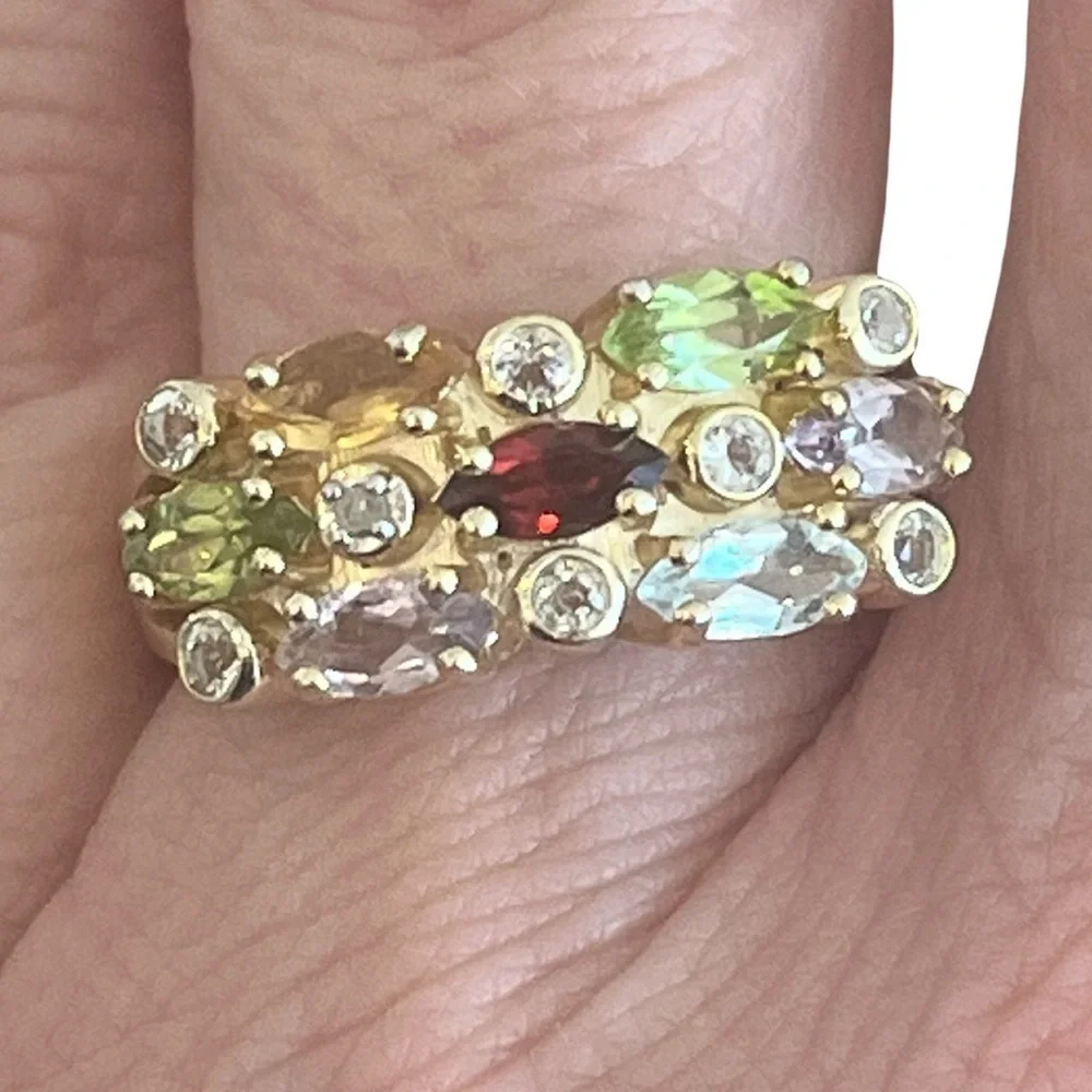 Vermeil Gold Multi-Gemstone Topaz Garnet Amethyst  Peridot Citrine Ring Size 8